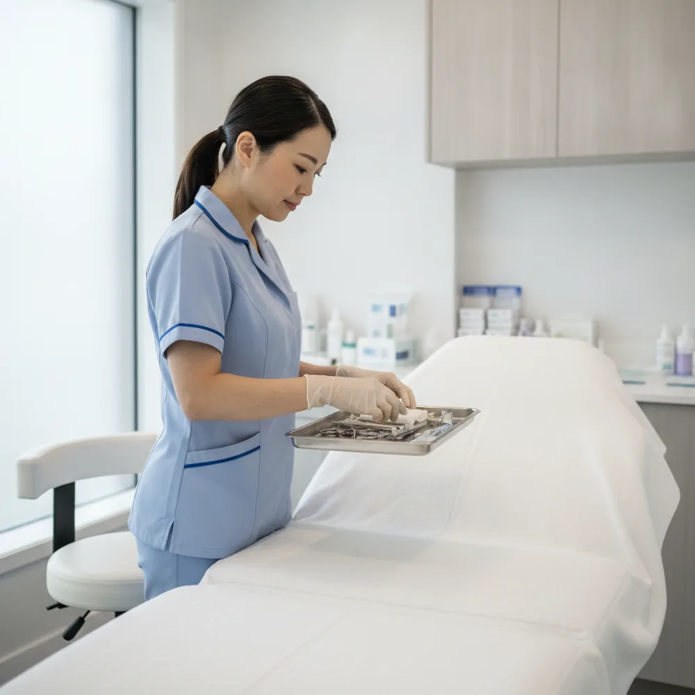 Cosmetic nurse preparing a treatment room in an Australian aesthetic clinic