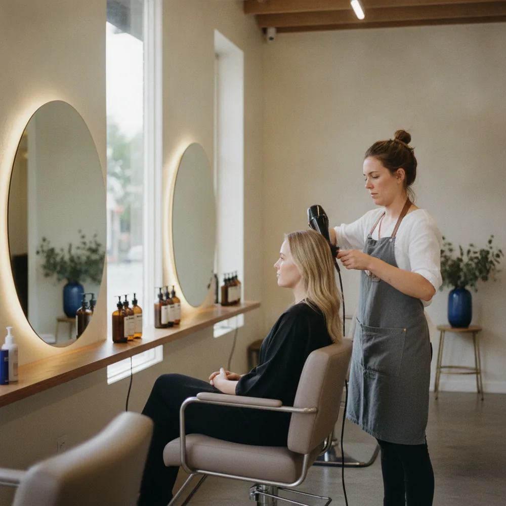 Hairdresser styling a client's hair in an Australian salon