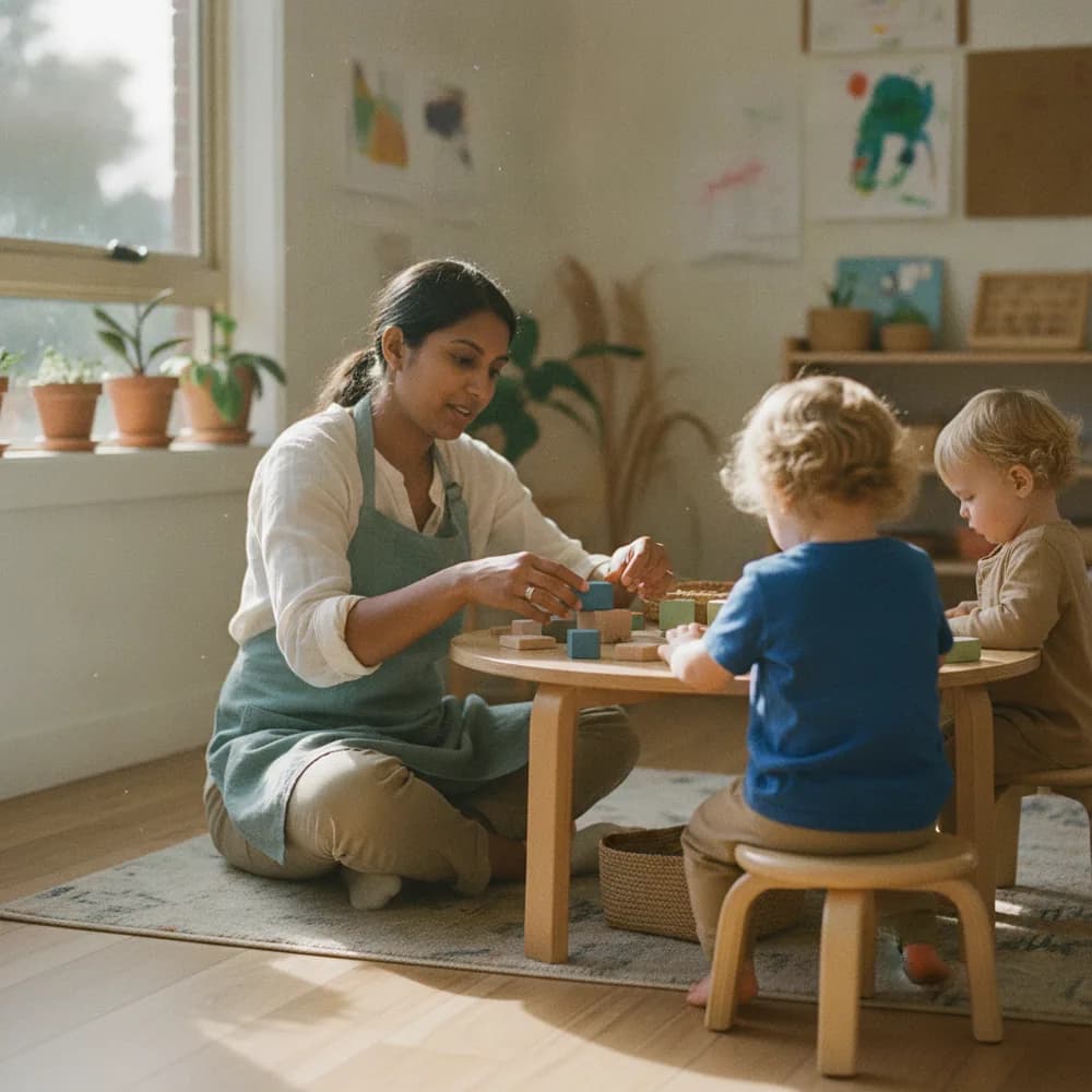 Early-childhood educator with toddlers in an Australian childcare centre