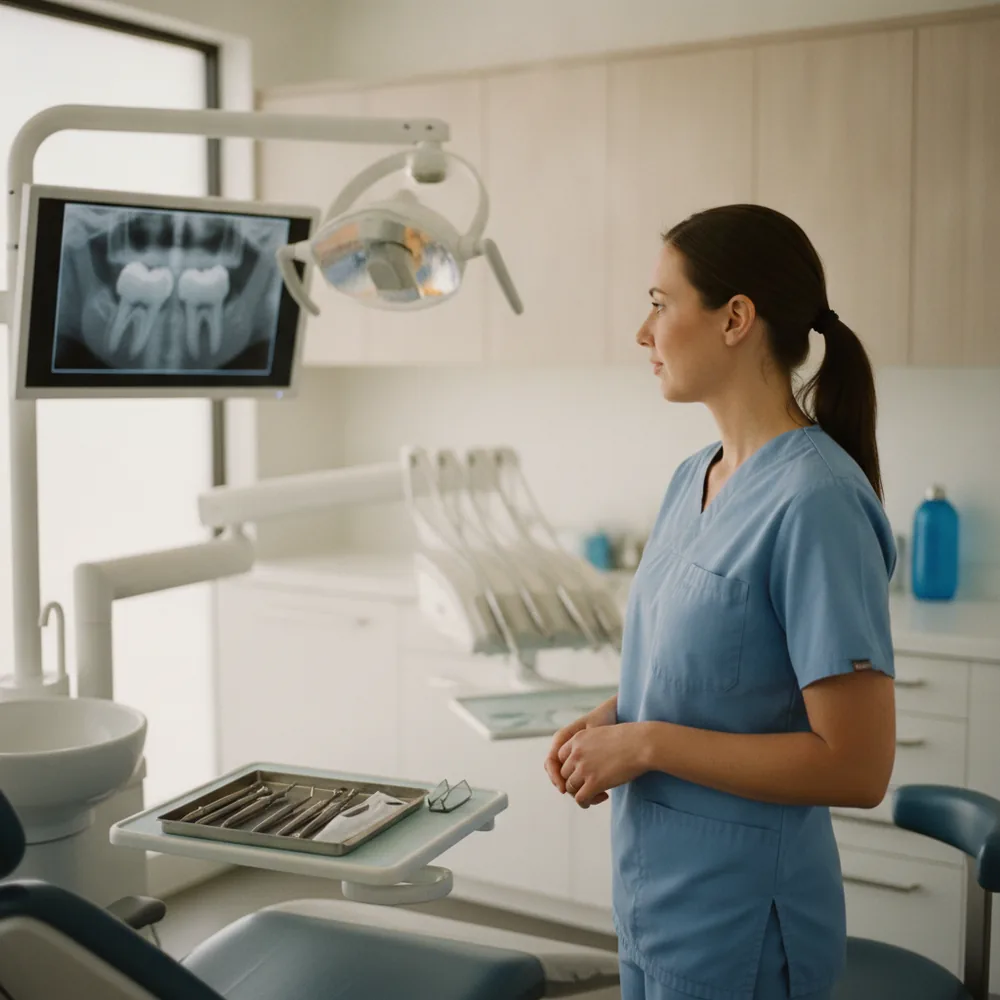 Dentist reviewing a tooth x-ray in an Australian dental clinic