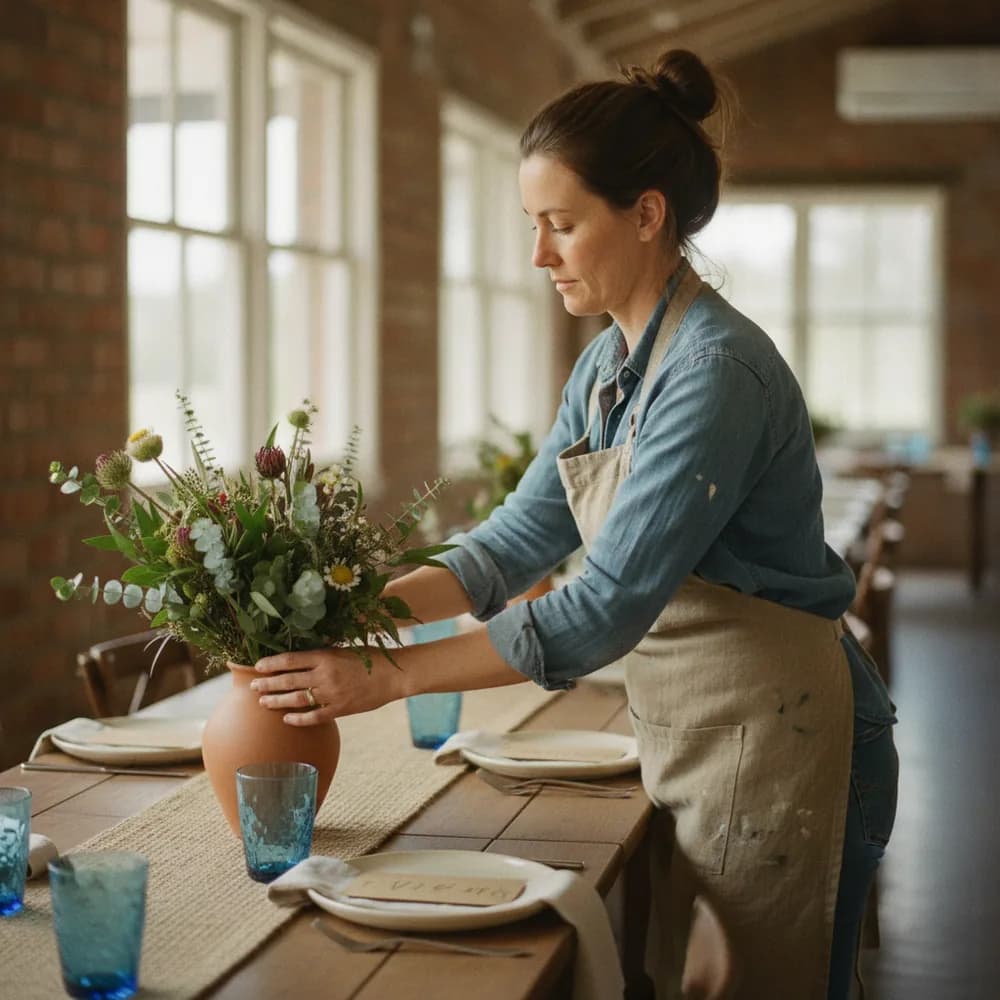 Event stylist setting a table in an Australian function venue