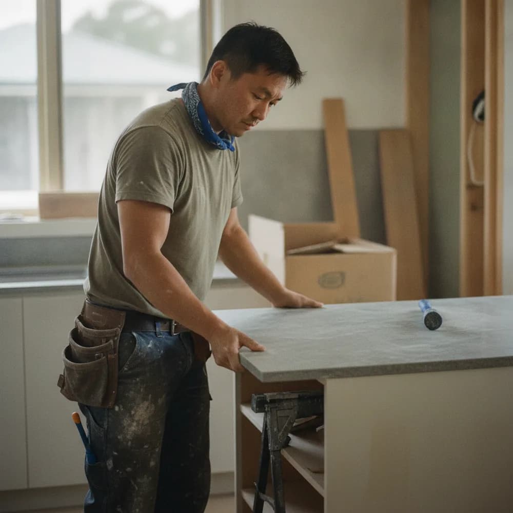 Joiner fitting a stone benchtop in a new Australian kitchen