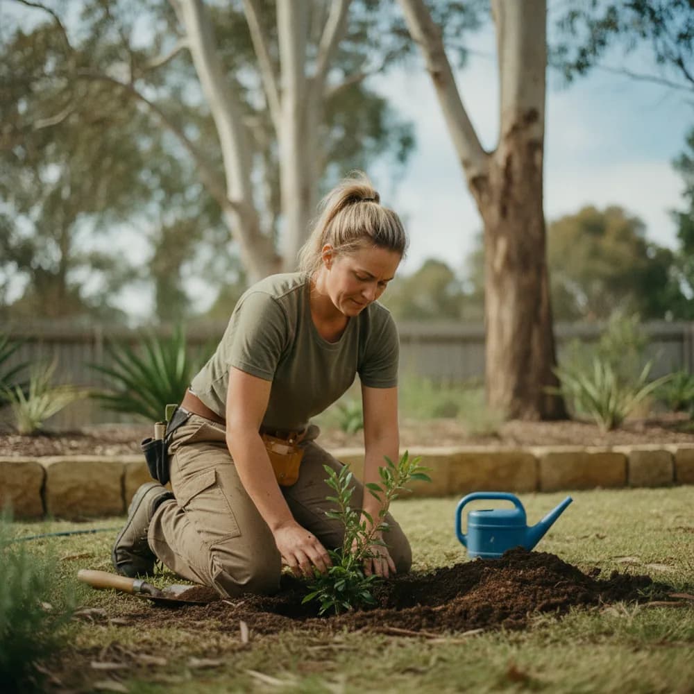 Landscaper planting a native garden in an Australian backyard