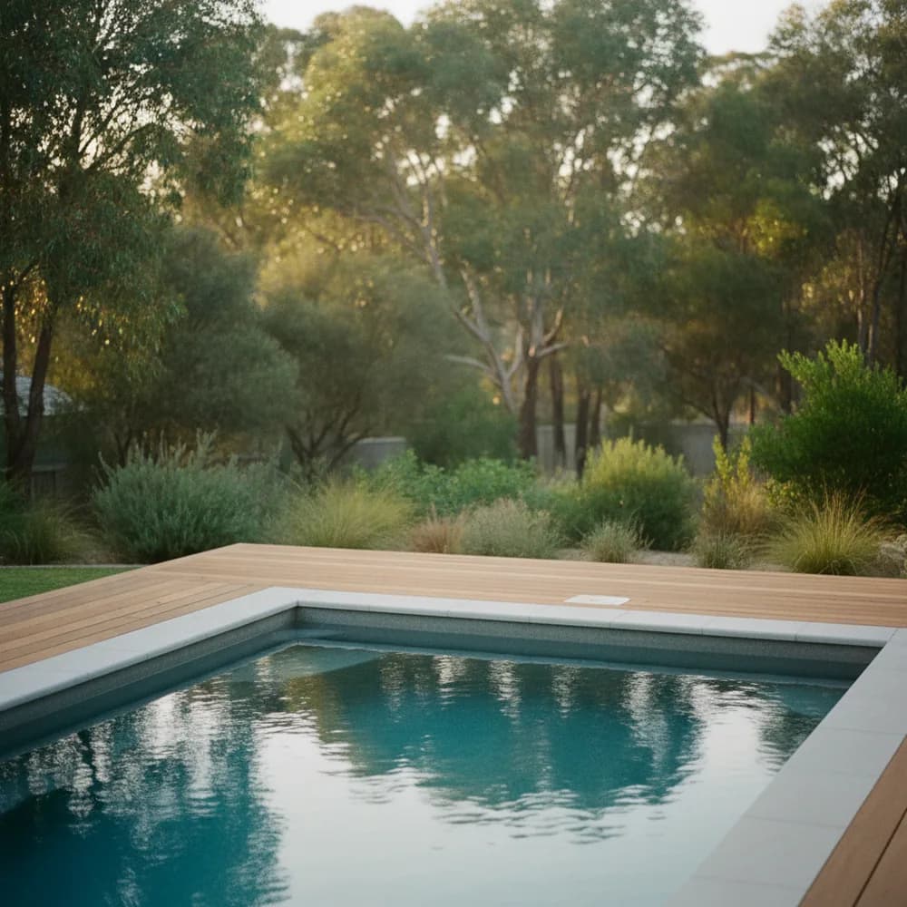 A newly built backyard pool with timber deck and native garden