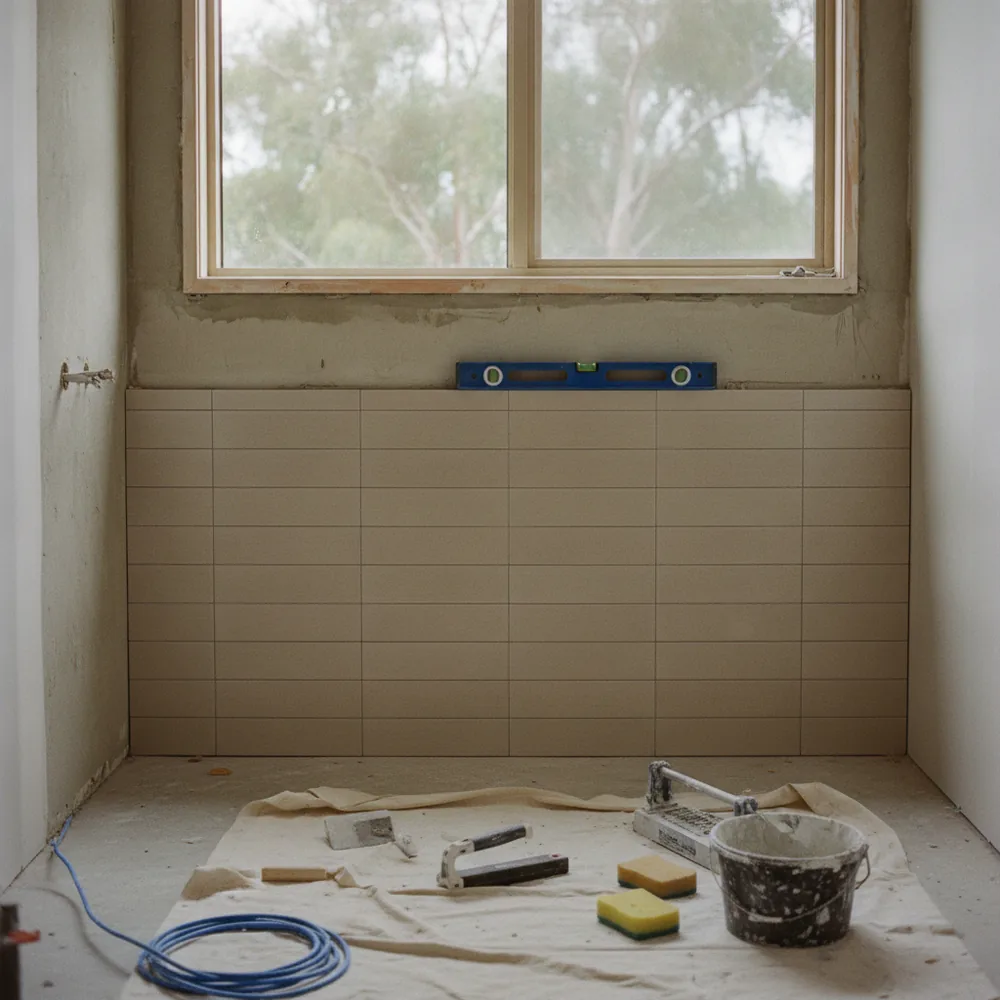 Australian bathroom mid-renovation with tiles part-laid