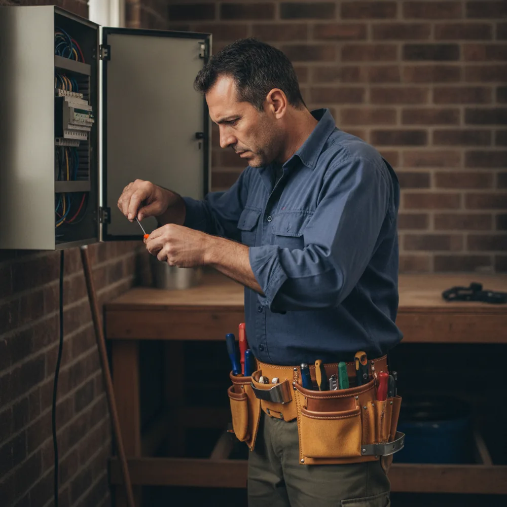Electrician working at a switchboard in an Australian home