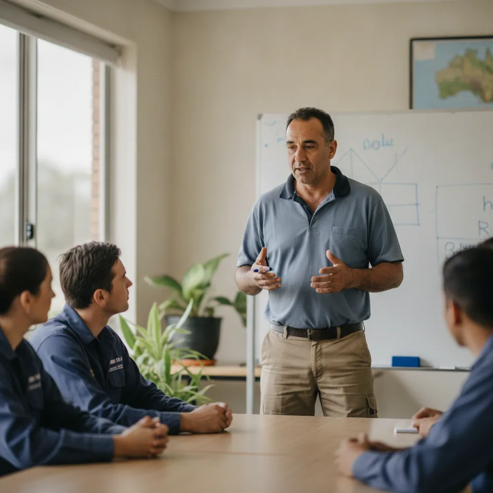 Instructor teaching a group in an Australian training room