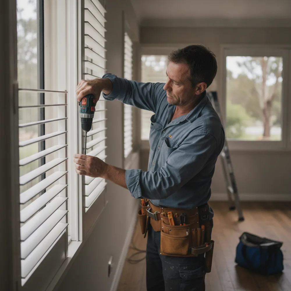 Installer fitting plantation shutters in an Australian home