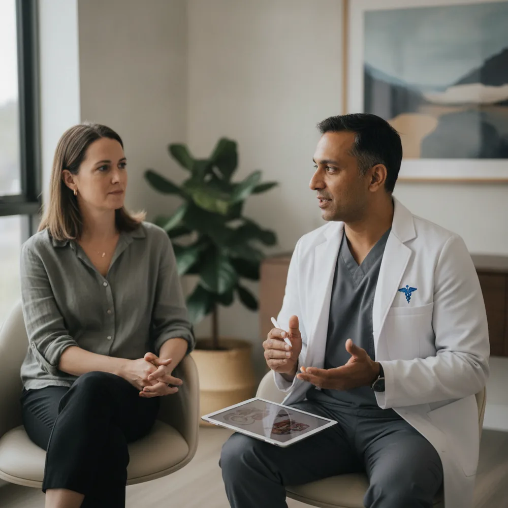 Cosmetic surgeon consulting with a client in an Australian clinic — Rhinoplasty Cost Calculator