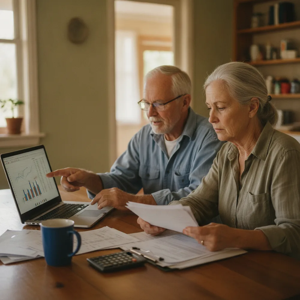 Older Australian couple reviewing their finances at home — Centrelink Assets Test Calculator